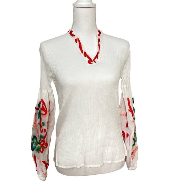 NATORI Sz XS Floral Embroidered White Cotton Crepe V-Neck Puff Sleeve Boho Shirt - Picture 1 of 13